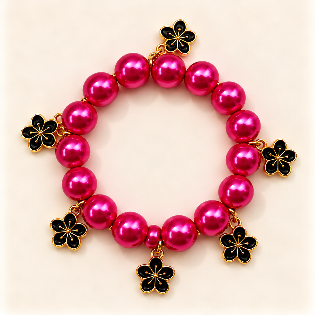 Magenta kralenarmband met bloemenbedels – Noir Blossom | Enjoia