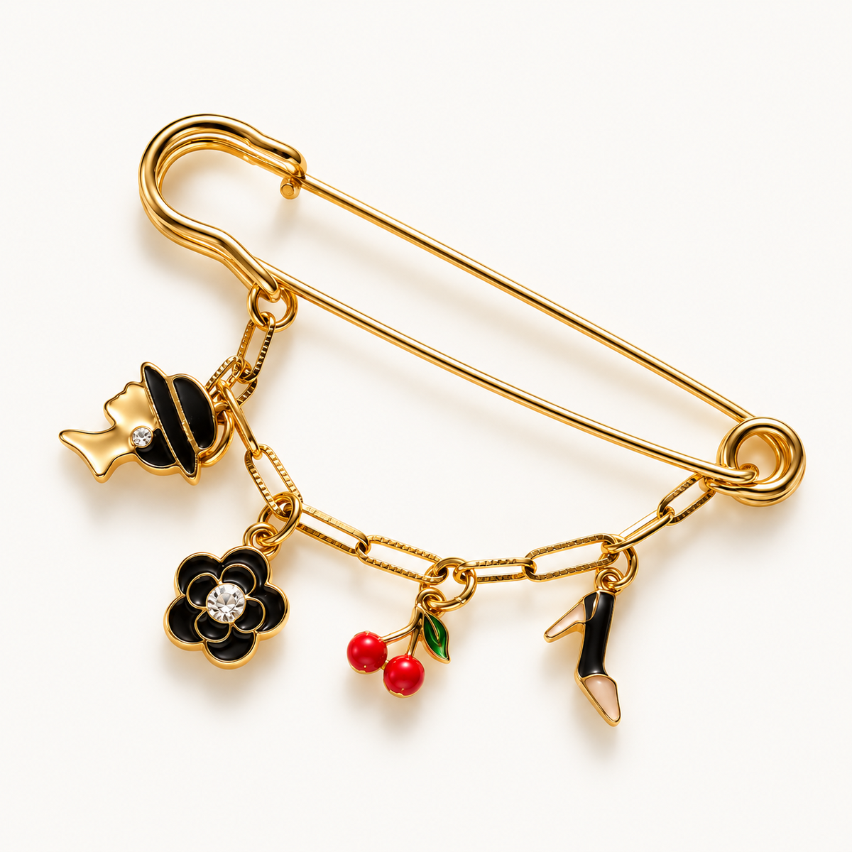 Charm Pins Midnight Chic – bedelbroche met hoed, zwarte bloem, kersen en hoge hak