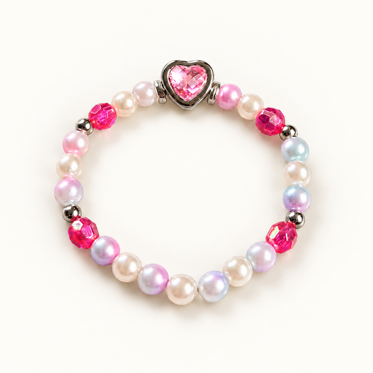 Mini Candy Pink Heart – kinderarmband met roze kristallen hartje en parelkralen