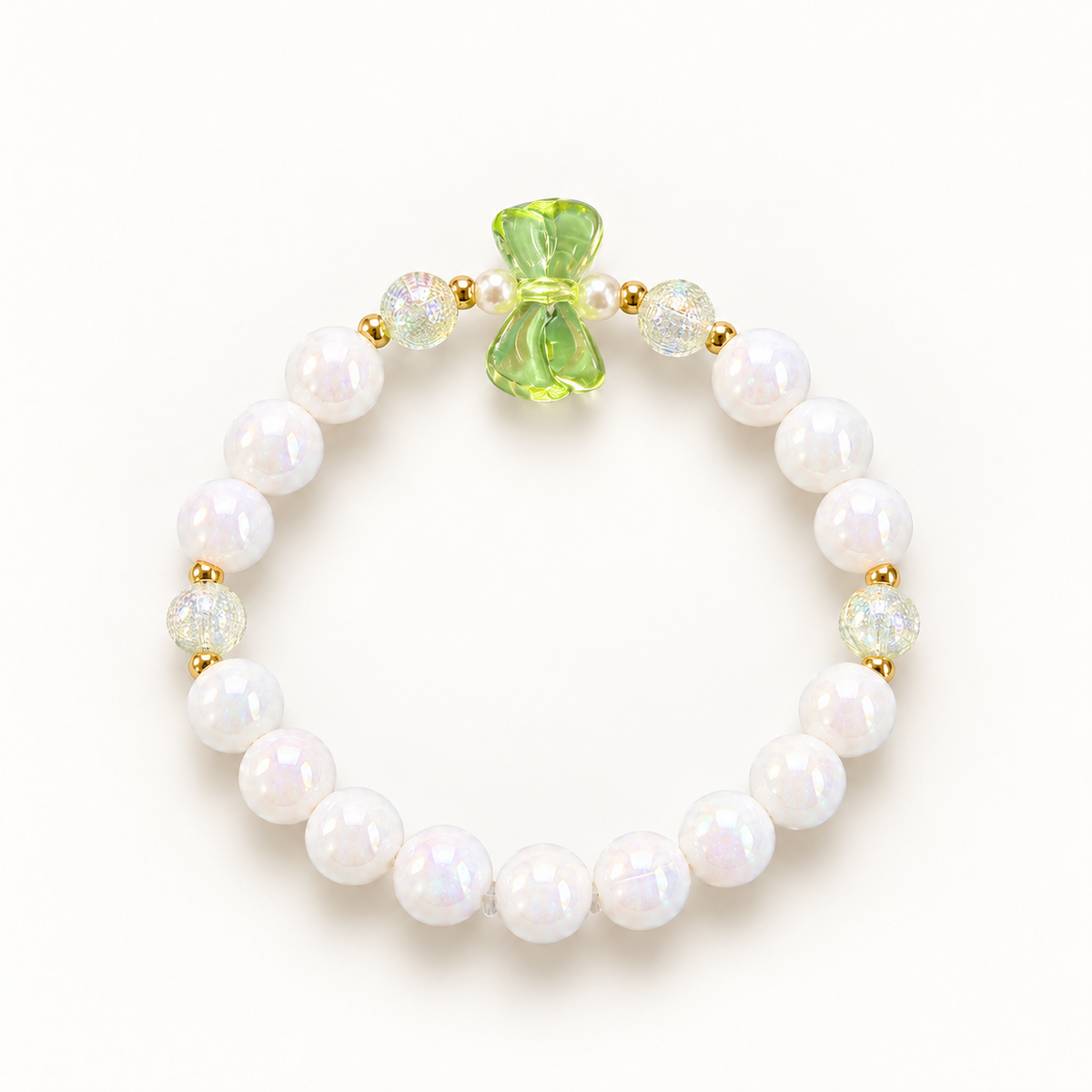Mini Magic Mint Bow kinderarmband met groene strik en witte glanskralen