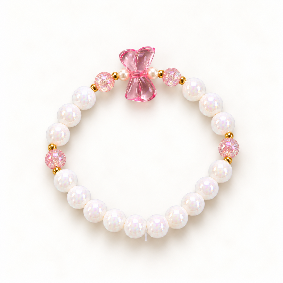 Mini Magic Pink Bow kinderarmband met roze strik en witte glanskralen