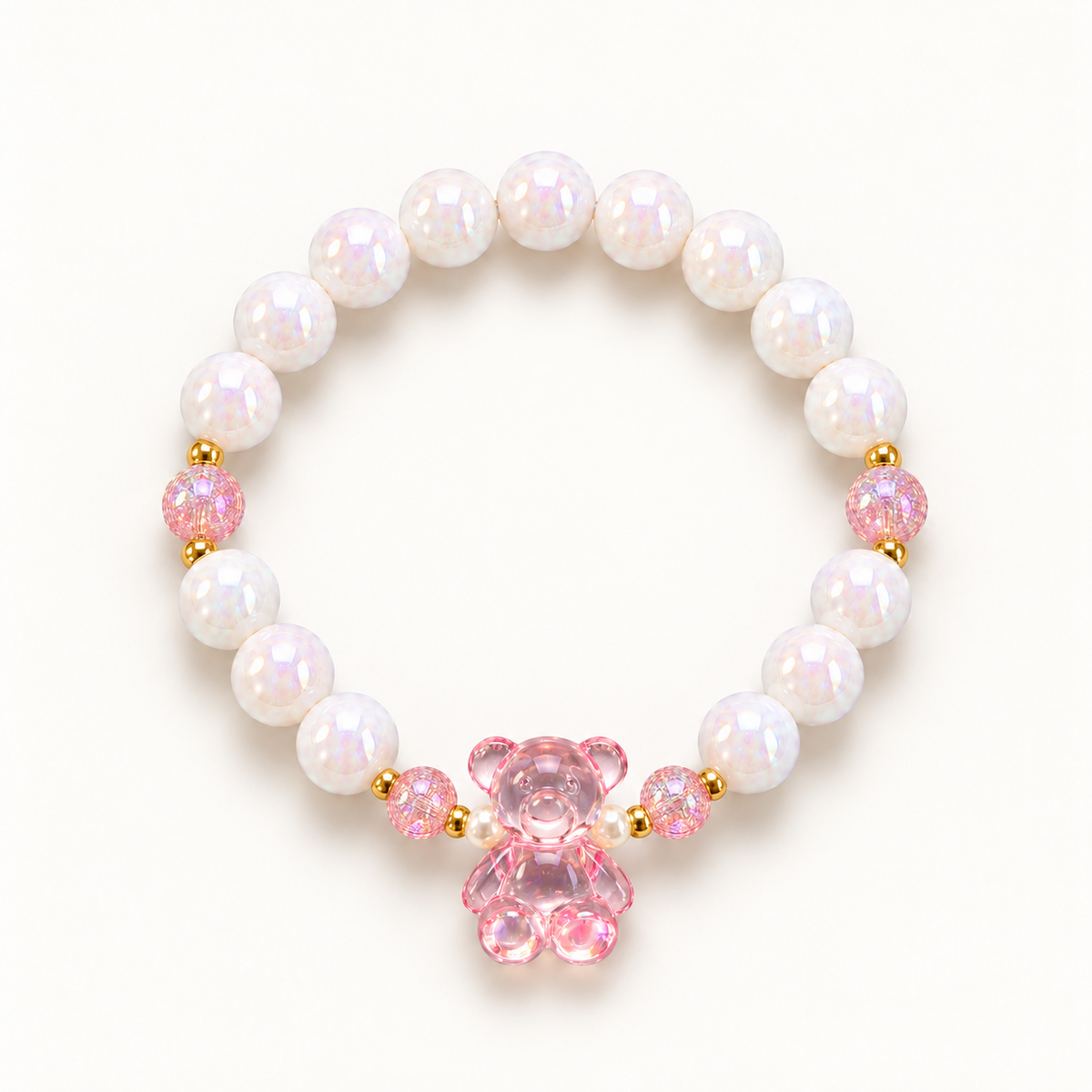 Mini Magic Rosie Bear kinderarmband met roze teddybeertje en witte glanskralen