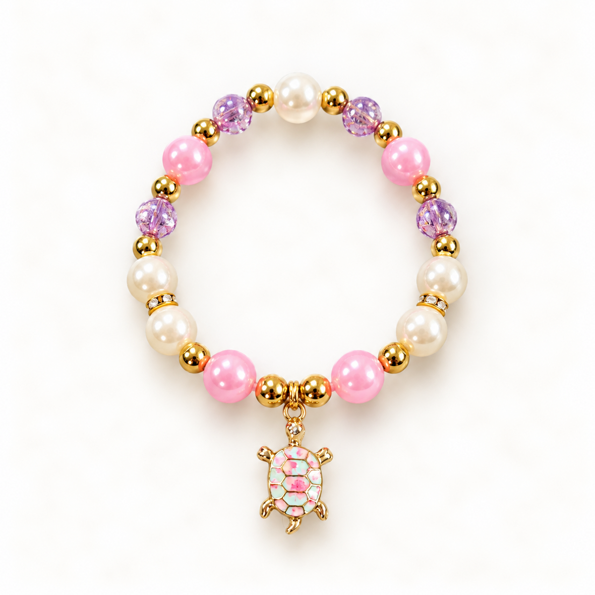 Tiny Turtles Lilac Shell armband 18 cm – Roze en lilakleurige kralen met goudkleurige schildpadbedel