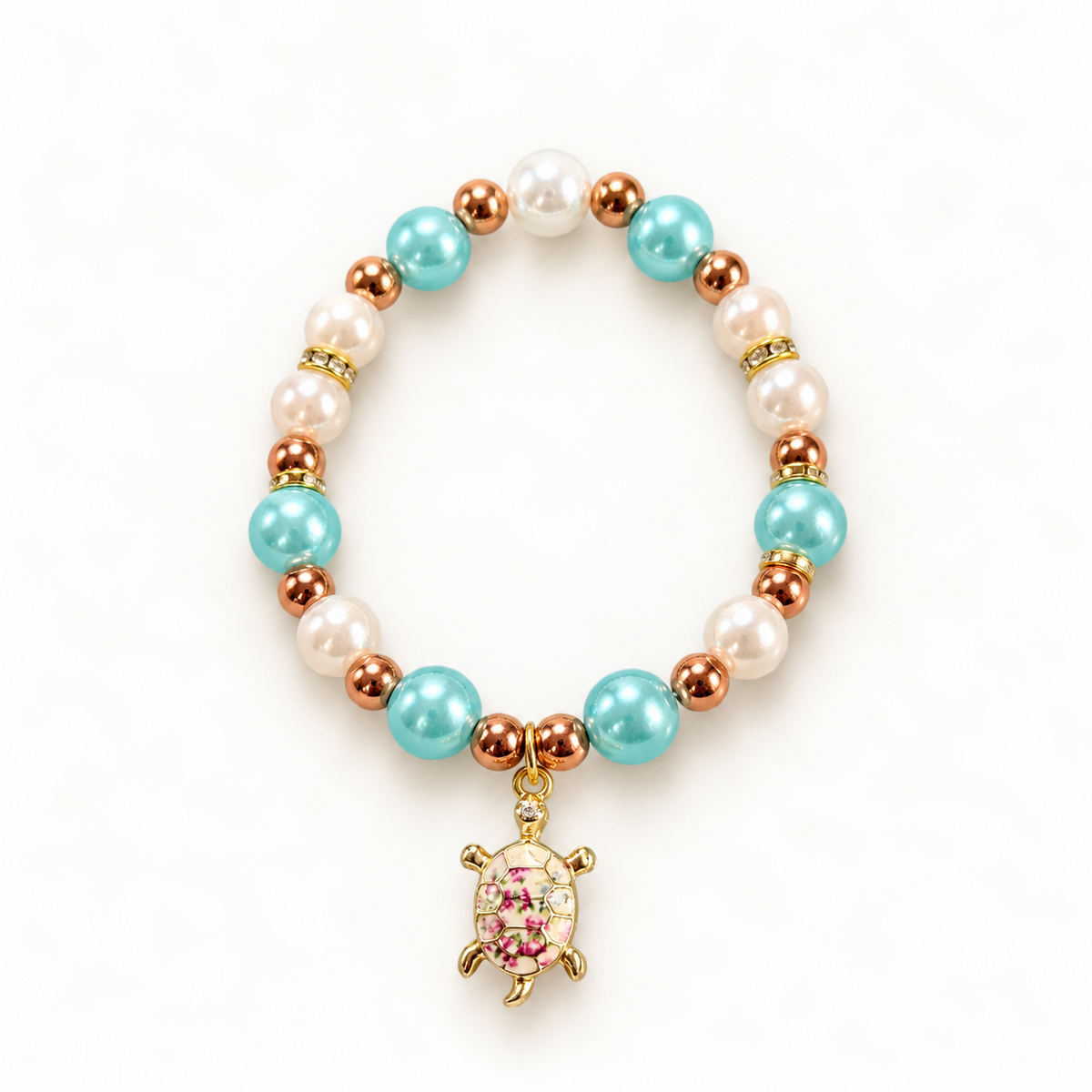 Tiny Turtles Rose Lagoon armband 18 cm – Turquoise en parelkleurige kralen met roségoudkleurige accenten en schildpadbedel