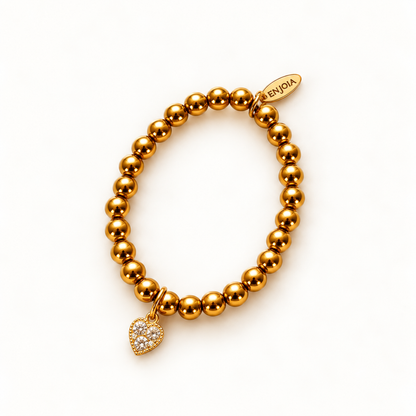 Goudkleurige hematiet kralenarmband met hartbedel – Golden Hematite Charms van Enjoia