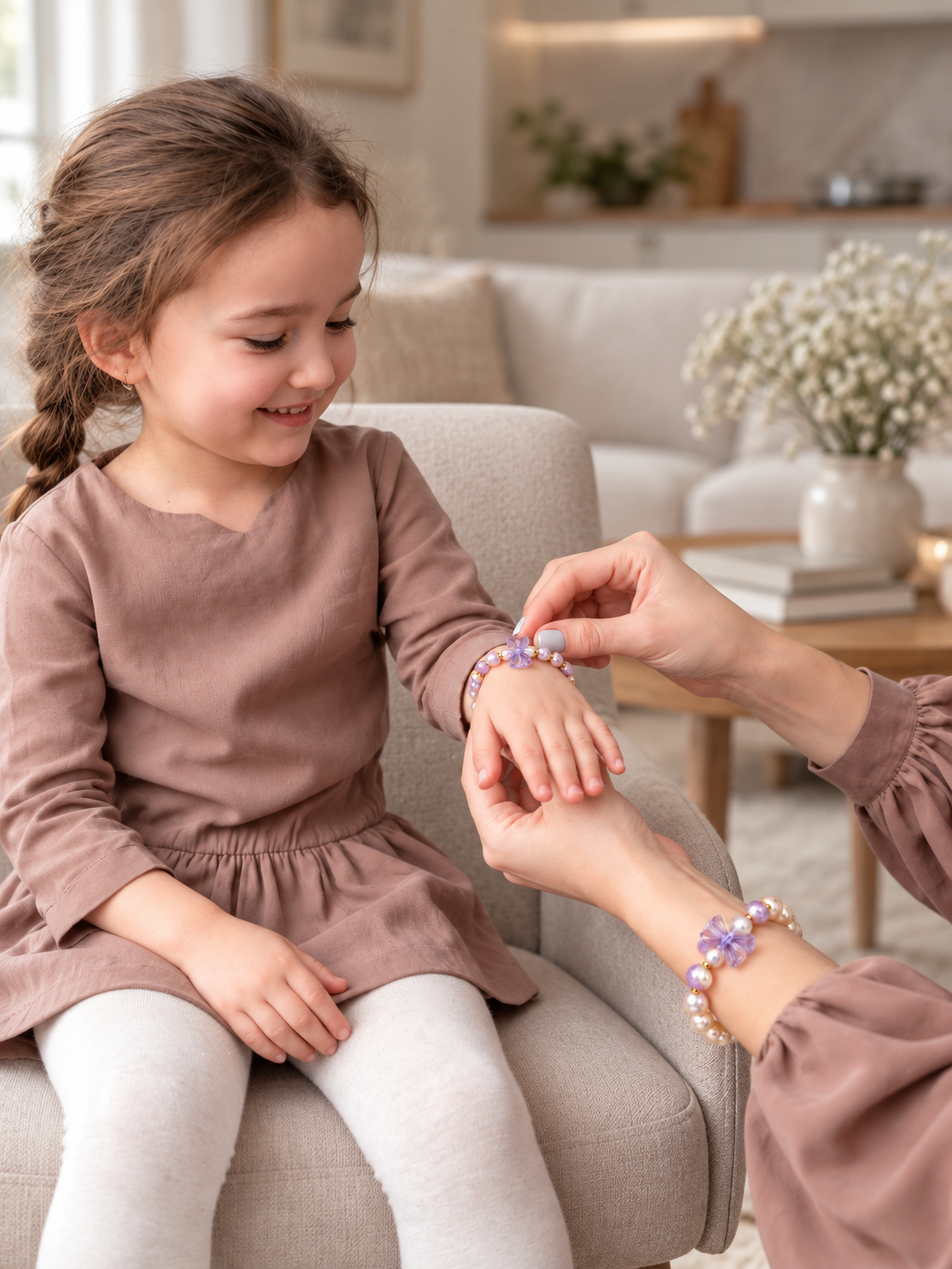 Moeder dochtermoment met paarse armbanden | Enjoia