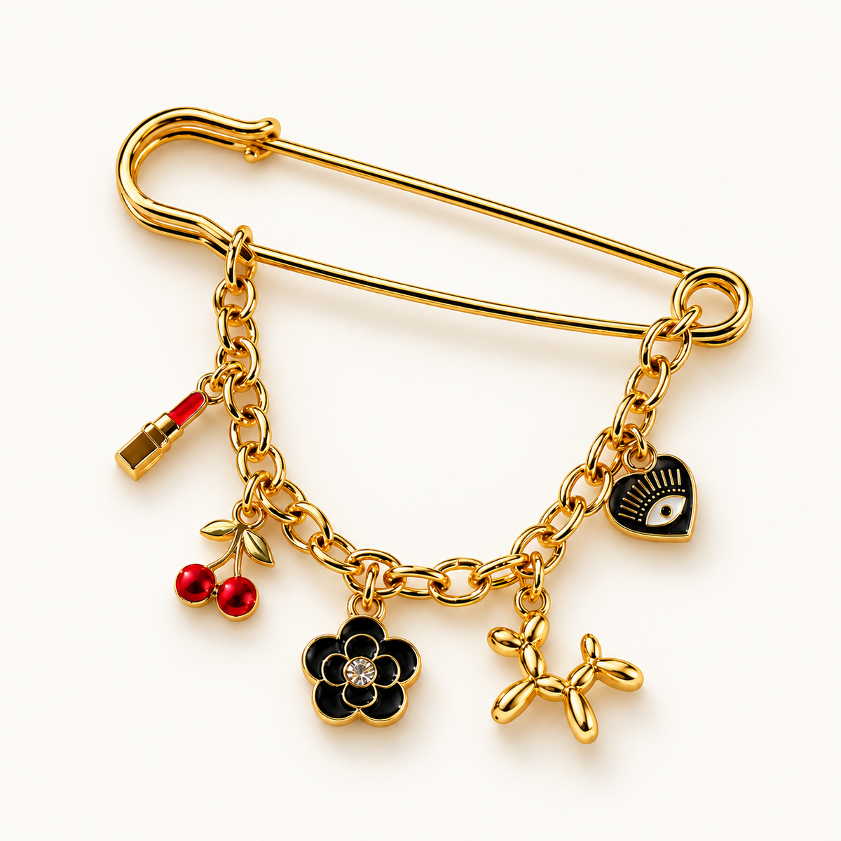 Charm Pins Lucky Noir – broche met lippenstift, kersen, bloem, gouden ballonhond en hartvormige oogbedel
