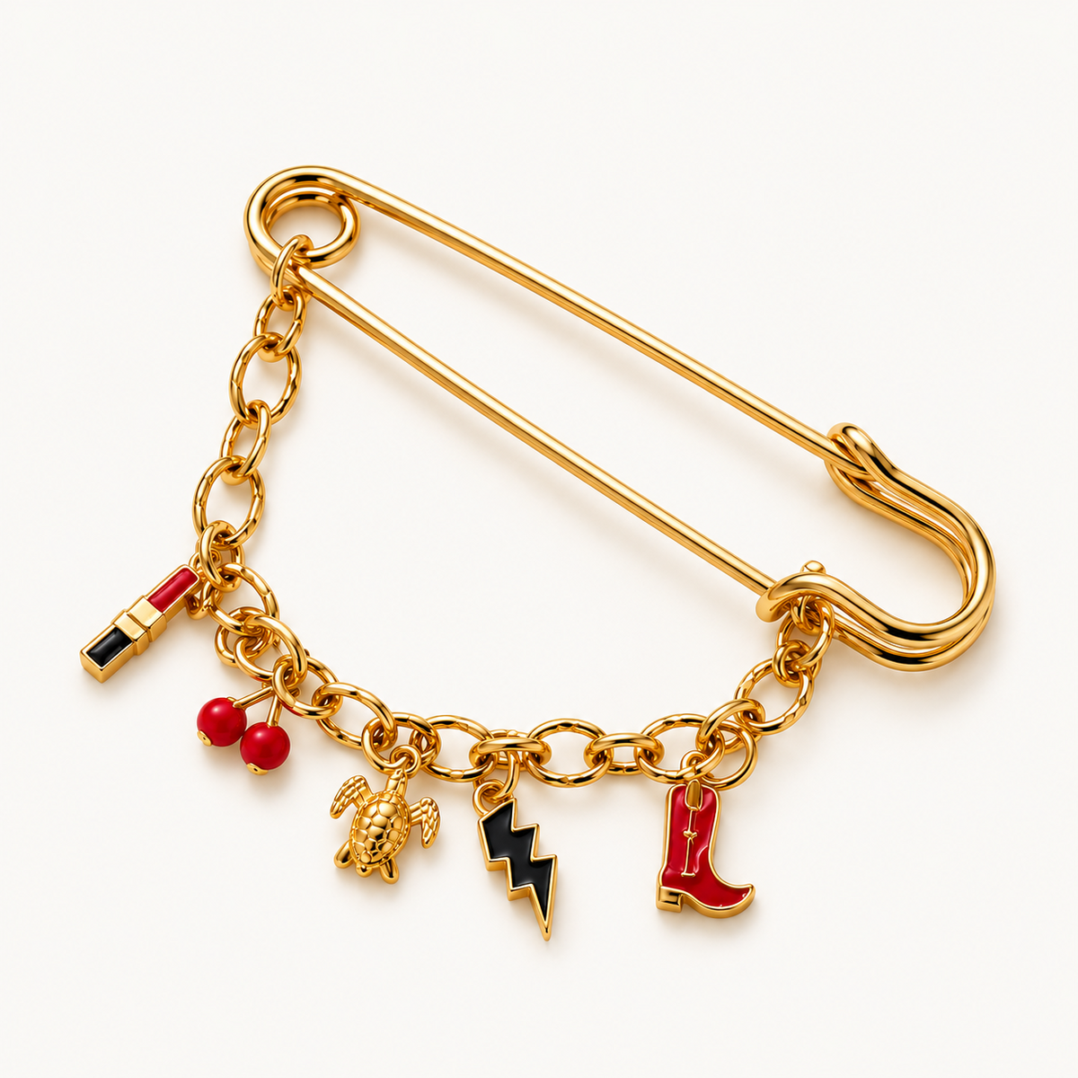Charm Pins Western Cherry – broche met lippenstift, kersen, schildpad, bliksem en cowboylaars