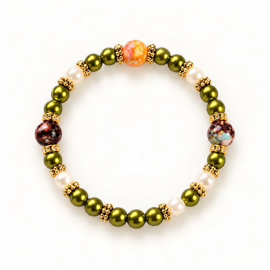 Amber Olive – olijfgroene armband met oranje gemarmerde kraal, parels en goudkleurige details