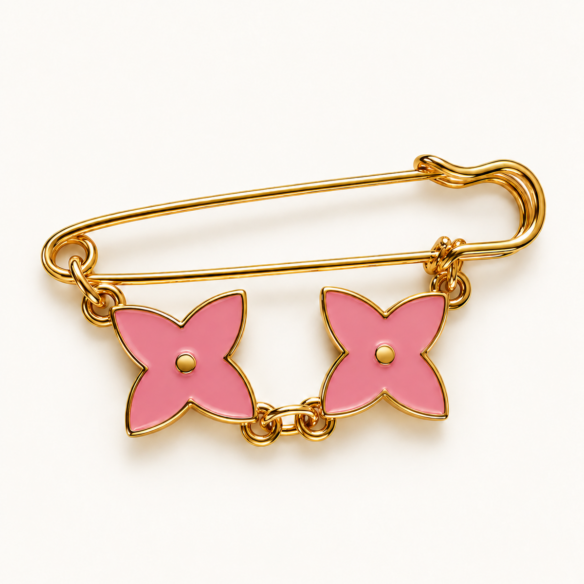 Petal Duo roze: goudkleurige broche met twee lichtroze vierbladige bloemen