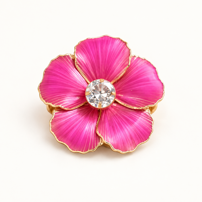 Paars fuchsia Rouge Bloom bloemenbroche met gestructureerde bloemblaadjes en kristalhart