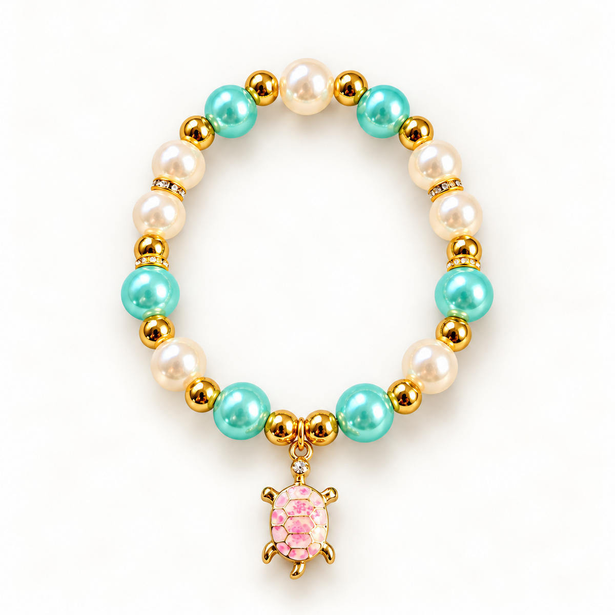 Tiny Turtles Aqua Pearl armband 18 cm – Turquoise en ivoorkleurige kralen met goudkleurige schildpadbedel
