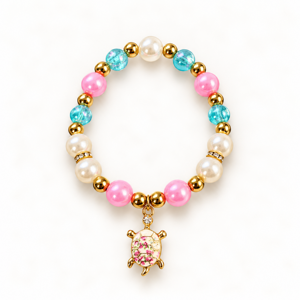 Tiny Turtles Candy Lagoon armband 18 cm – Roze en turquoise kralen met bloemige schildpadbedel