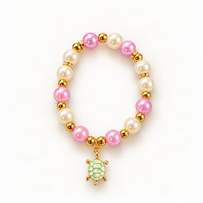 Tiny Turtles Pink Mint armband 18 cm – Roze en ivoorkleurige kralen met mintgroene schildpadbedel