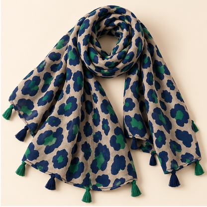 Soft Muse – stoffen sjaal, variant Blue Tassel Leopard | Enjoia Jewellery